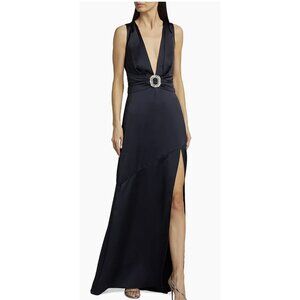 NEW Ramy Brook August Black Gown Rhinestone V-Neck High Slit Evening Dress Sz 0